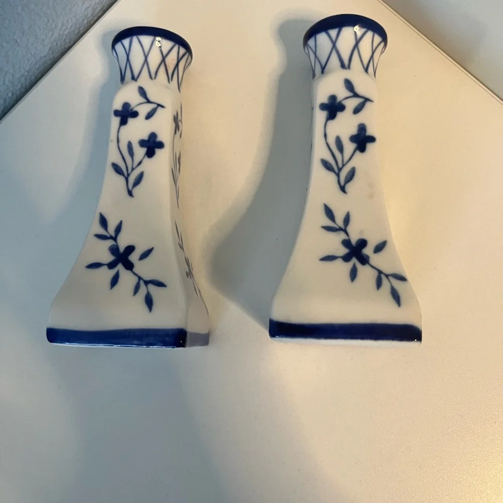 Vintage Delft Elegant Blue and White Ceramic Floral Candle Holders 5” - Picture 6 of 6